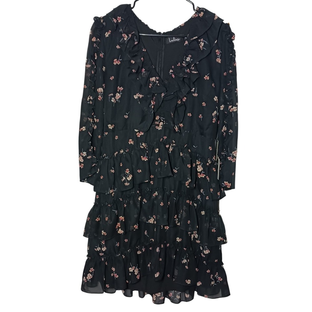Lulus Black & Orange Floral Tiered Ruffle 3/4 Sleeve‎ Feminine Dress Size XL
